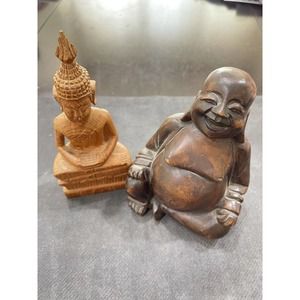 VINTAGE PAUL MARSHALL CARVED WOODEN 6”BUDDHA & 6” THAI BUDDHA UNKNOWN
